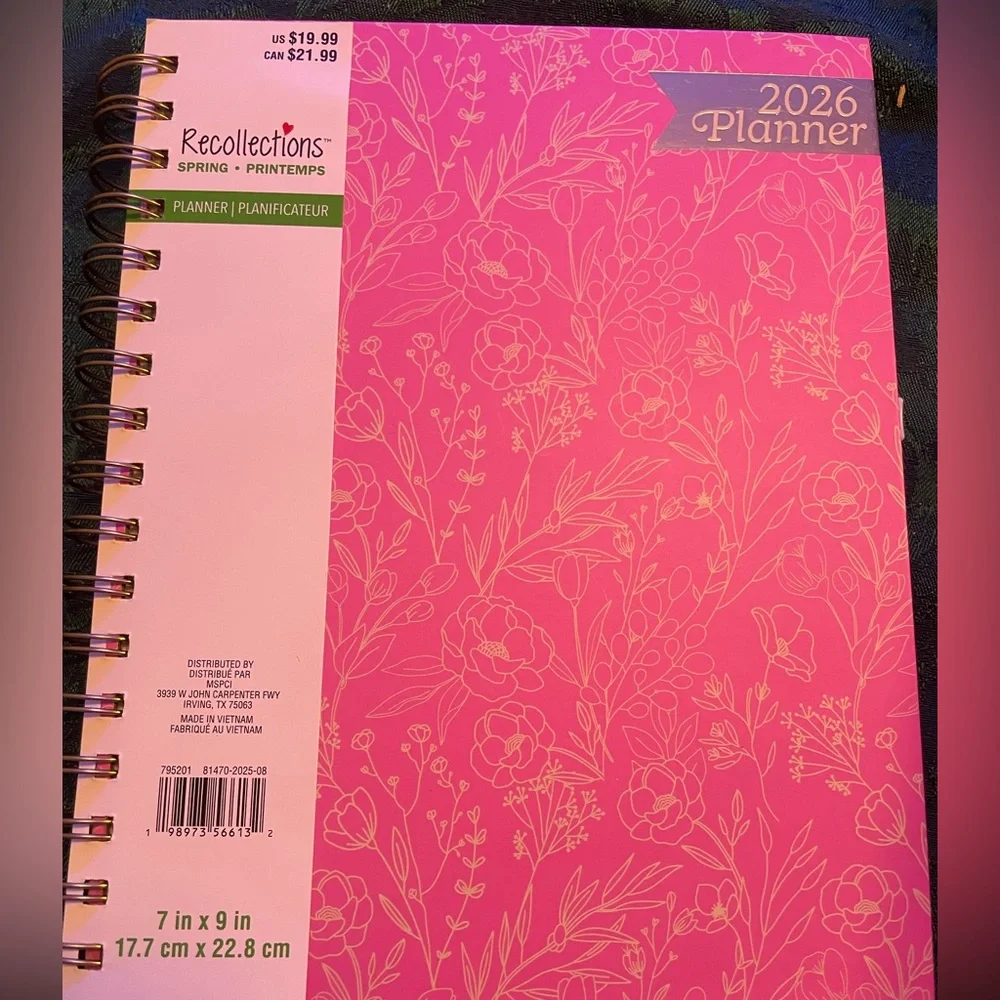 Hardcover Pink Floral Spiral 2026 Organizational Planner w/ Gold Accents,Travel